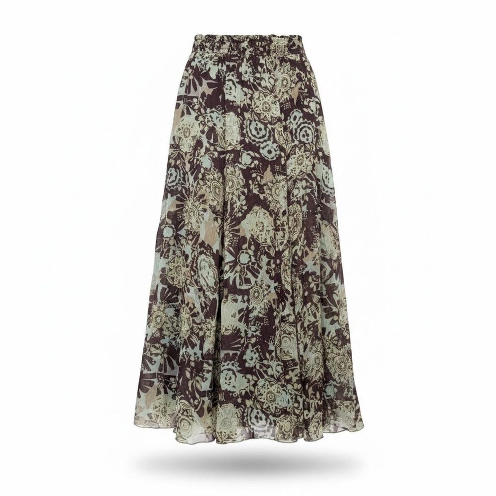 CAbi Silk Midi Skirt Smocked Waist Brown Blue Floral Boho Medium Vacation Office